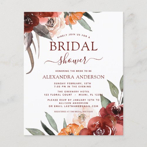 Budget Burgundy Bridal Shower Autumn Floral Flyer