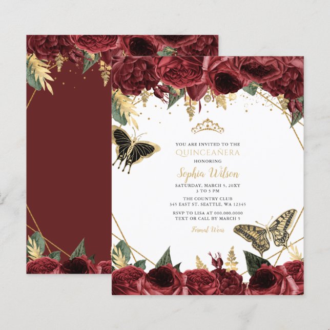 Budget Burgundy Butterfly Quinceañera Invitation (Front/Back)
