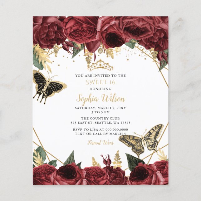 Budget Burgundy Butterfly Sweet 16 Invitation (Front)