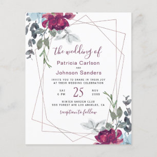 Budget burgundy chic floral wedding invitation