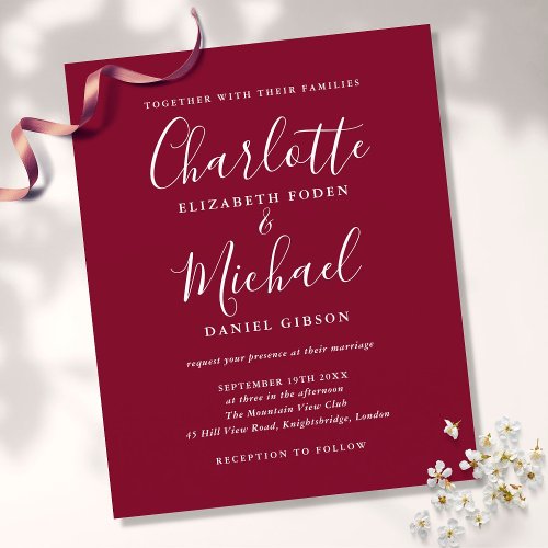 Budget Burgundy Chic Script Wedding Invitation