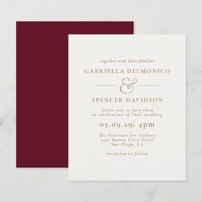 BUDGET Burgundy Cream Gold Wedding Invitation (Front/Back)