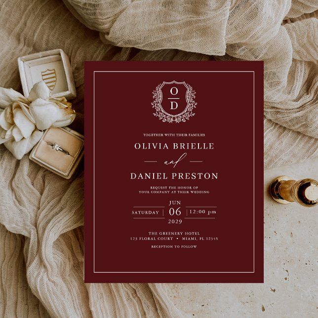 Budget Burgundy Crest Elegant Wedding Invitation Flyer (Creator Uploaded)