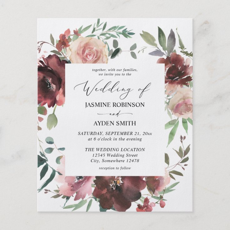 Budget Burgundy & Dusty Pink Floral 5 Wedding Flyer | Zazzle