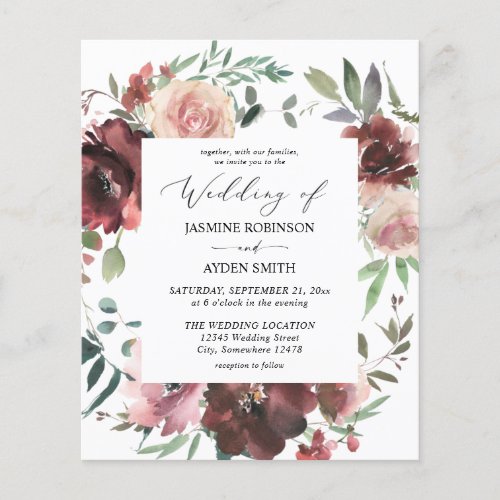 Budget Burgundy  Dusty Pink Floral 5 Wedding Flyer