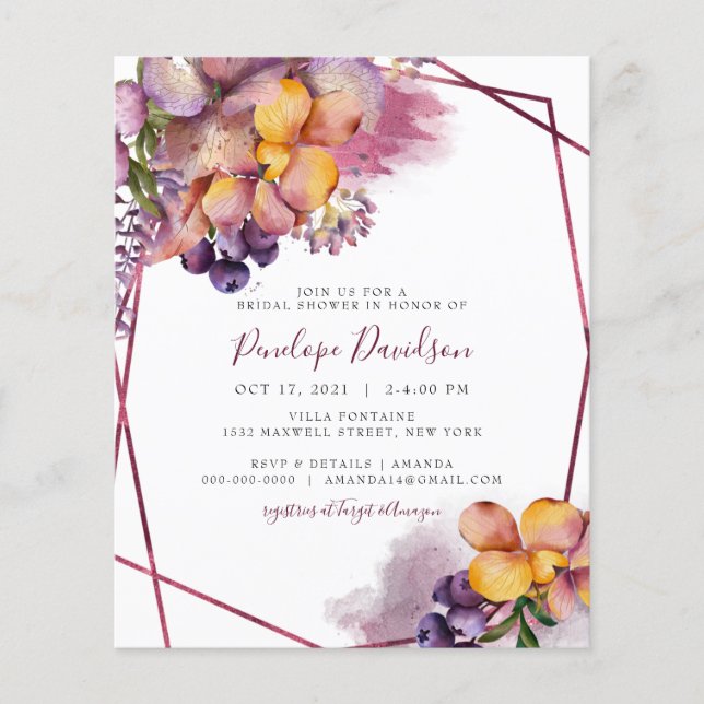 Budget Burgundy Fall Floral Bridal Shower Invite (Front)