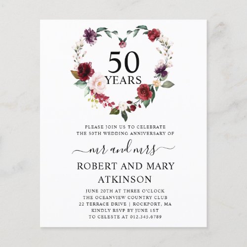 Budget Burgundy Floral 50th Anniversary Invitation