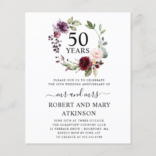 Budget Burgundy Floral 50th Anniversary Invitation