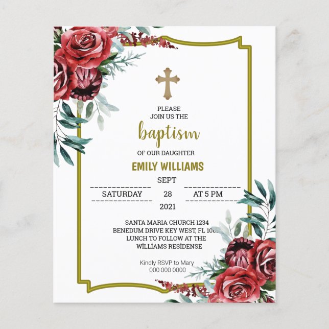 Budget Burgundy Floral Baptism Invitation (Front)
