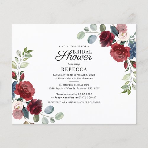 Budget Burgundy Floral Bridal Shower Invitation