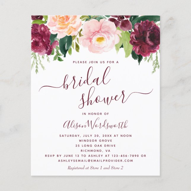 Budget Burgundy Floral Bridal Shower Invitation (Front)