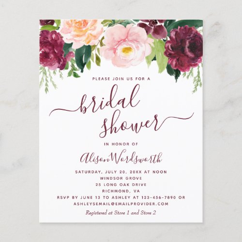 Budget Burgundy Floral Bridal Shower Invitation