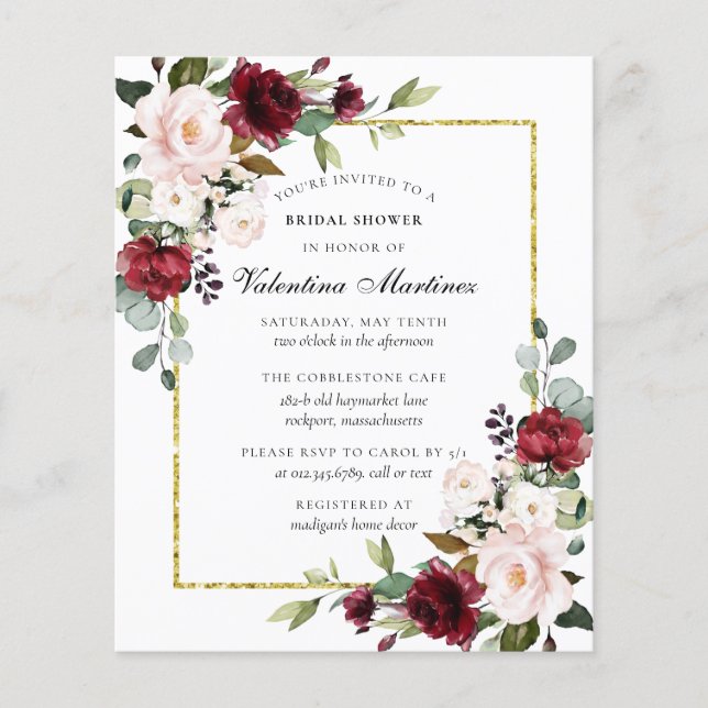 Budget Burgundy Floral Bridal Shower Invitation (Front)