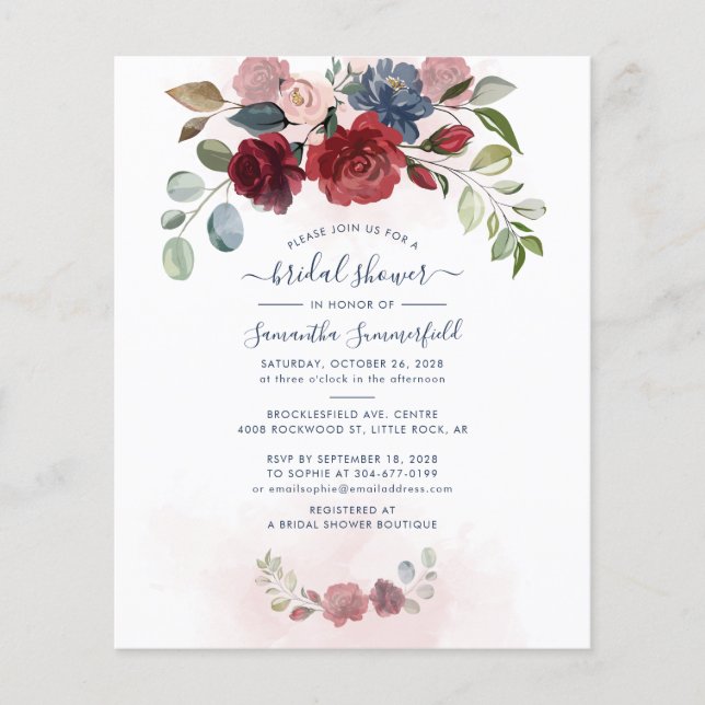 Budget Burgundy Floral Bridal Shower Invitation (Front)