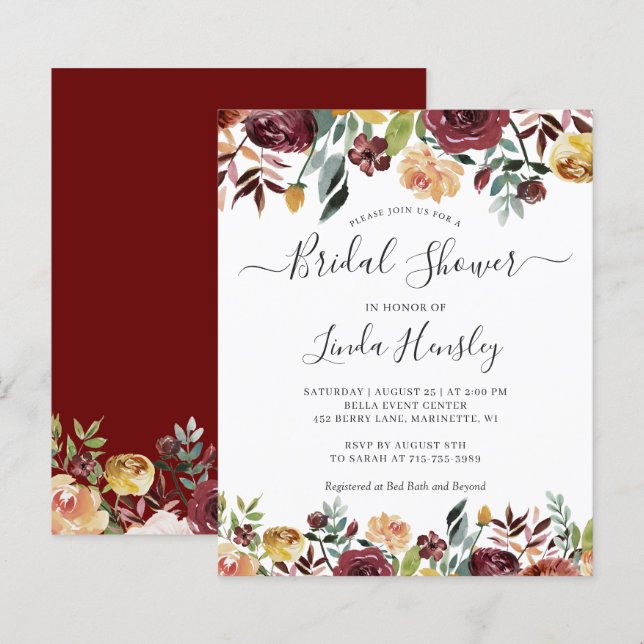 Budget Burgundy Floral Bridal Shower Invitations (Front/Back)