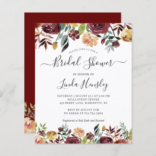 Budget Burgundy Floral Bridal Shower Invitations