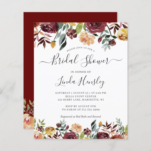 Budget Burgundy Floral Bridal Shower Invitations (Front/Back)