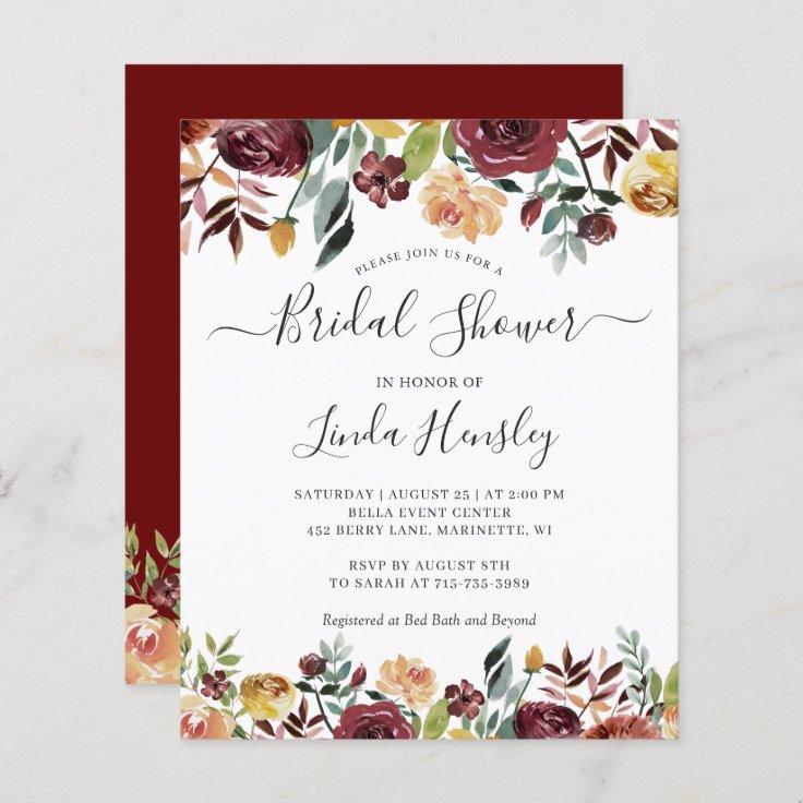 Budget Burgundy Floral Bridal Shower Invitations | Zazzle