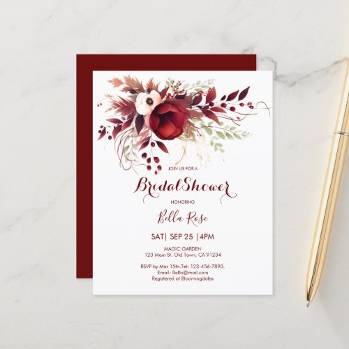 Budget Burgundy Floral Bridal Shower Invite