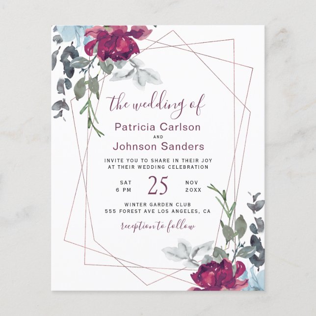 Budget burgundy floral frame wedding invitation flyer (Front)