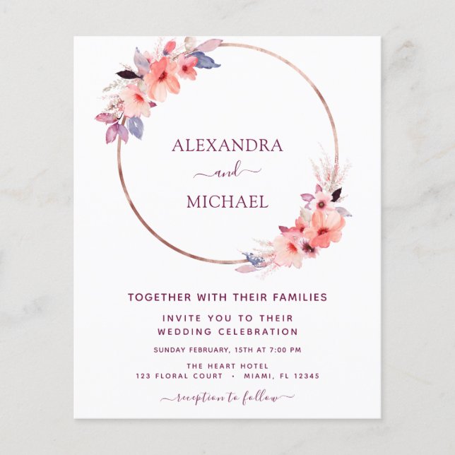 Budget Burgundy Floral Geometric Wedding Flyer (Front)