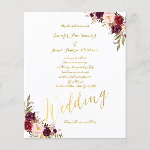 Budget Burgundy Floral Gold Script Wedding Invite