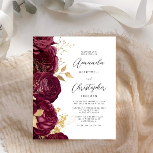 Budget Burgundy Floral Gold Script Wedding Invite
