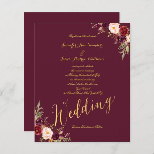 Budget Burgundy Floral Gold Script Wedding Invite