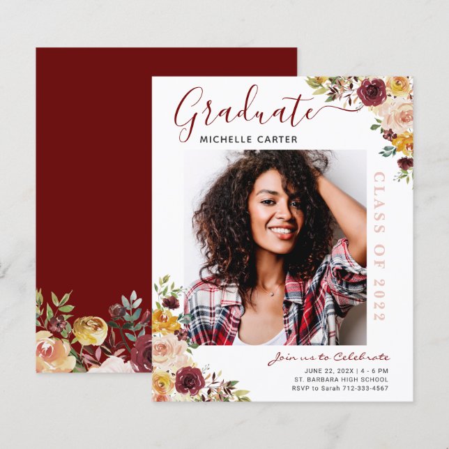 Budget Burgundy Floral Graduation Announcement (Front/Back)