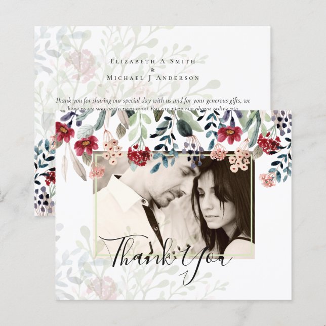 BUDGET Burgundy Floral Photo Collage Thank You (Front/Back)