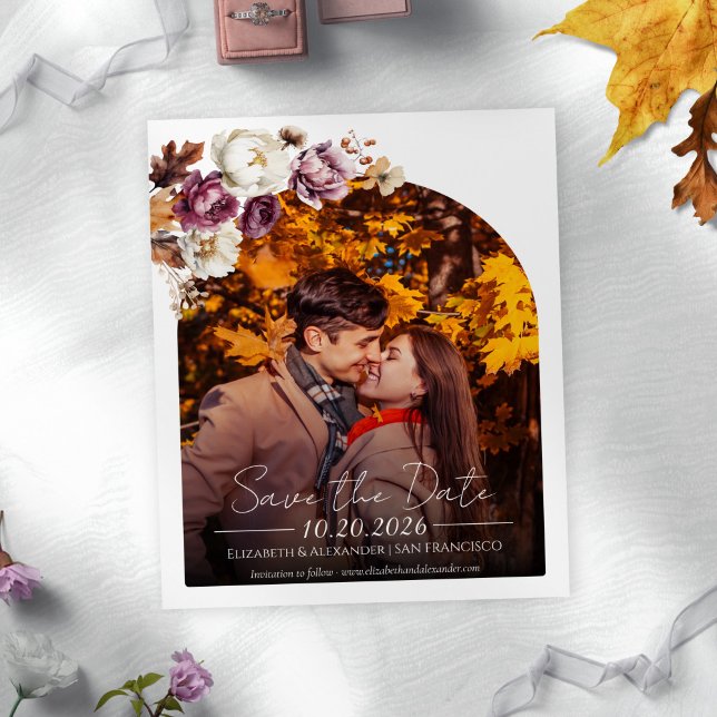 Budget Burgundy Floral Photo Wedding Save the Date (Creator Uploaded)