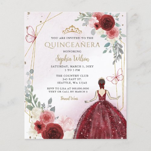 Budget Burgundy Floral Princess Quinceaera Invite