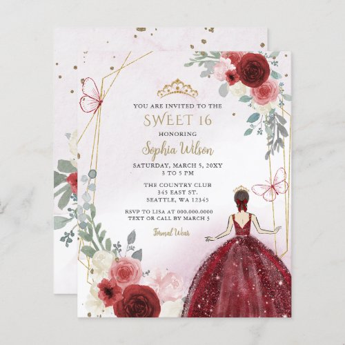 Budget Burgundy Floral Princess Sweet 16 Invite