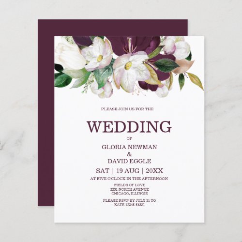 Budget Burgundy Floral QR Code Wedding Invitation
