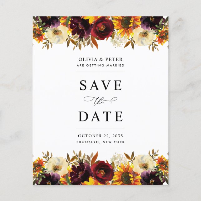 Budget Burgundy Floral Save the Date Invitation (Front)
