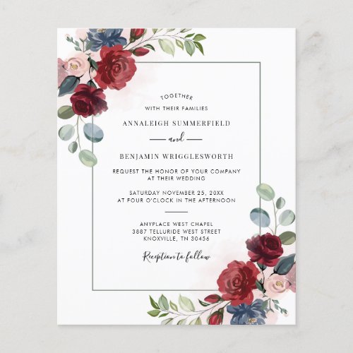 Budget Burgundy Floral Spring Wedding Invitation