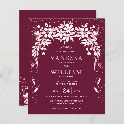 BUDGET burgundy floral wedding invitation       