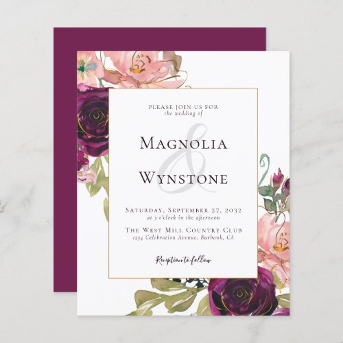 BUDGET Burgundy Floral Wedding Invitation