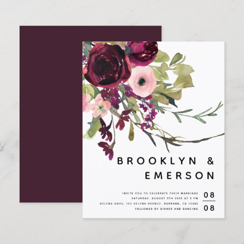 Budget Burgundy Floral Wedding Invitation