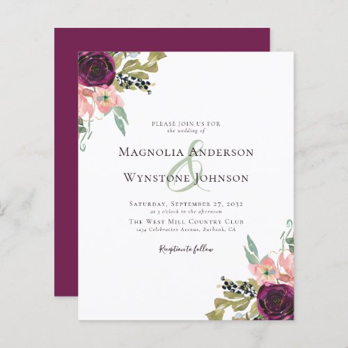 Budget Burgundy Floral Wedding Invitation