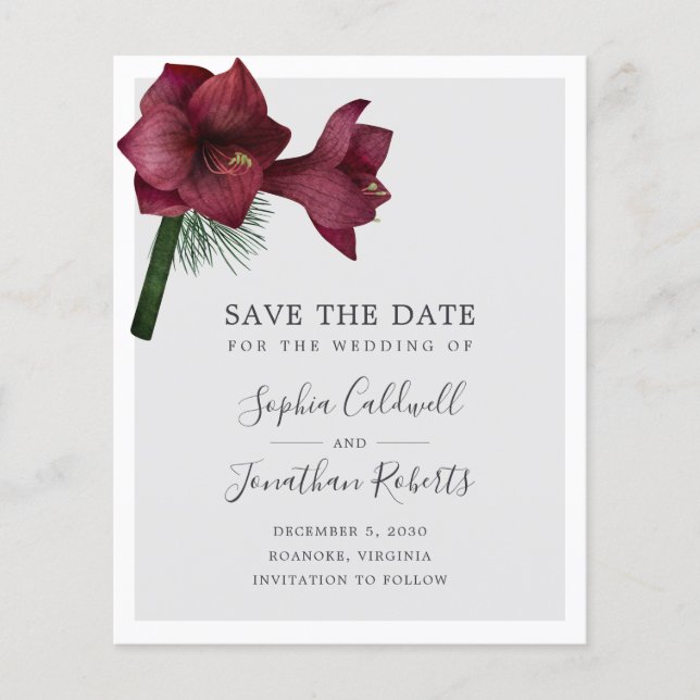 Budget Burgundy Floral Wedding Save the Date (Front)