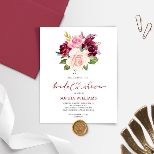 Budget Burgundy Flowers Bridal Shower Invitation