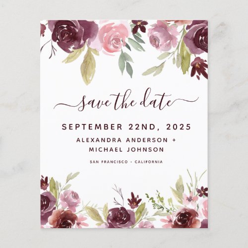 Budget Burgundy Flowers Floral Save the Date Flyer