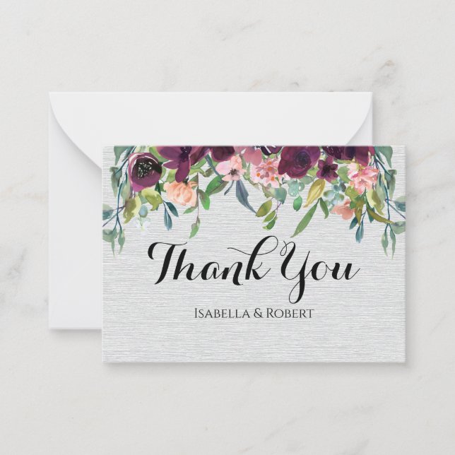 BUDGET Burgundy Flowers Wedding Thank You Note (Front)