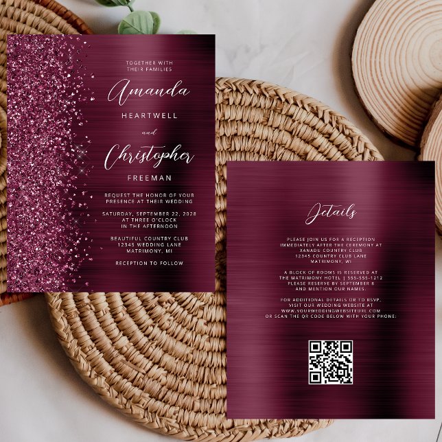 Budget Burgundy Glam QR Code Wedding Invitation (Creator Uploaded)