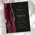 Budget Burgundy Gold Agate Dark 50th Birthday<br><div class="desc">The left-hand edge of this elegant modern 50th birthday party invitation features a burgundy watercolor agate border trimmed with gold faux glitter. The customizable text combines gold-colored handwriting,  copperplate and italic fonts on a slate black background. The reverse side features a matching burgundy and gold agate design.</div>