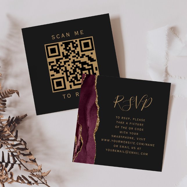 Budget Burgundy Gold Agate Dark QR Code RSVP Enclosure Card (Creator Uploaded)