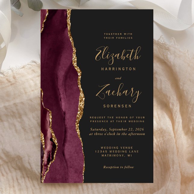 Budget Burgundy Gold Agate Dark Wedding Invitation (Creator Uploaded)