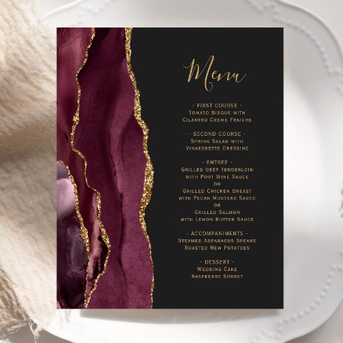 Budget Burgundy Gold Agate Dark Wedding Menu