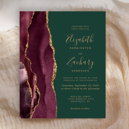 Budget Burgundy Gold Agate Green Wedding Invite